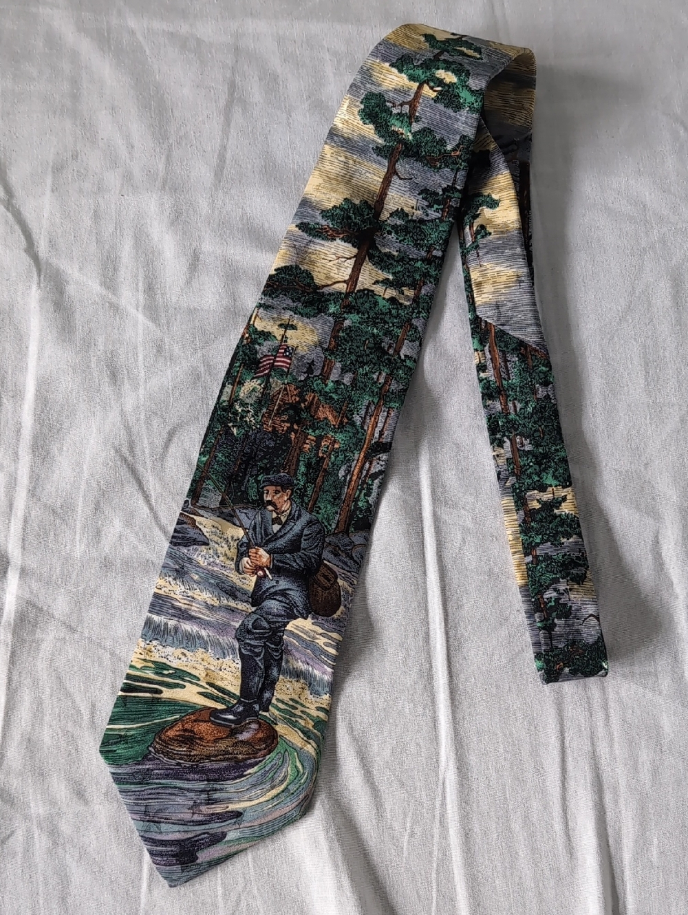 Windsor Scenic Fishing Novelty Silk Tie, Vintage Angler Circa 1908 USA
